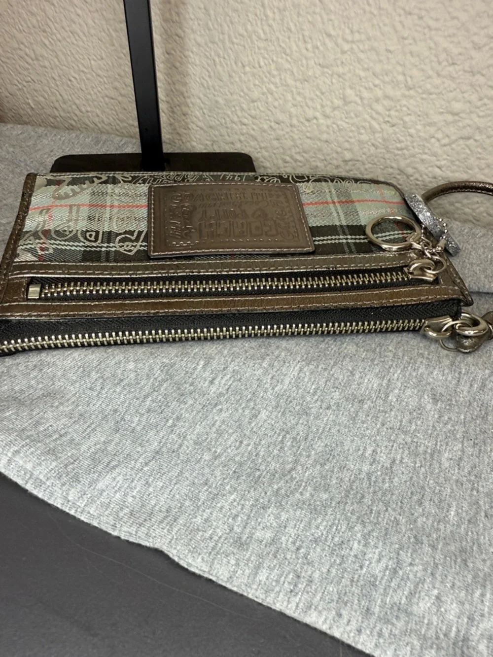 Coach Poppy Metallic Silver and Green Plaid Wristlet